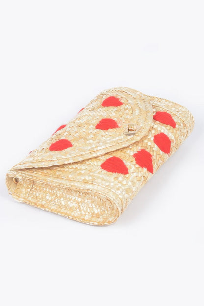 Heart Embroidery Straw Clutch 