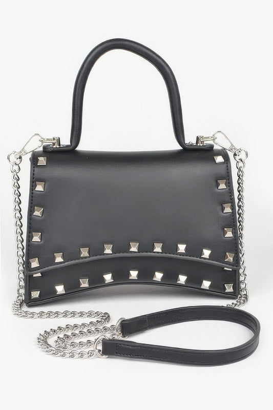 Metallic Faux Leather Studded Top Handle Clutch 