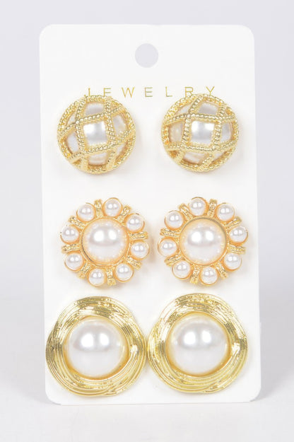 Faux Pearl Metal 3 Pcs Set Stud Earring 