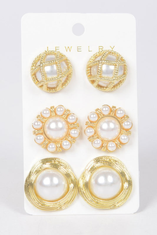 Faux Pearl Metal 3 Pcs Set Stud Earring 