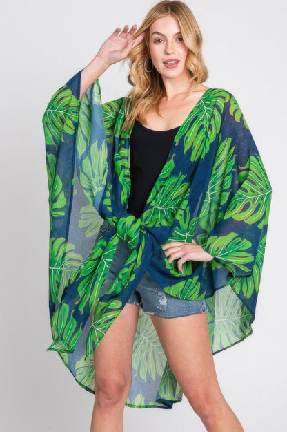 Tropical Leaves Print Shawl Cover-up 