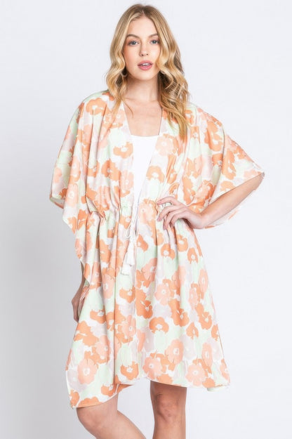 Flower Print Self-tie Drawstring Open Front Cover 