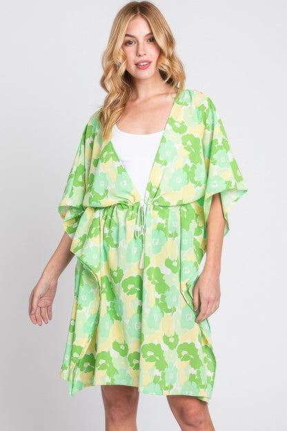 Flower Print Self-tie Drawstring Open Front Cover 