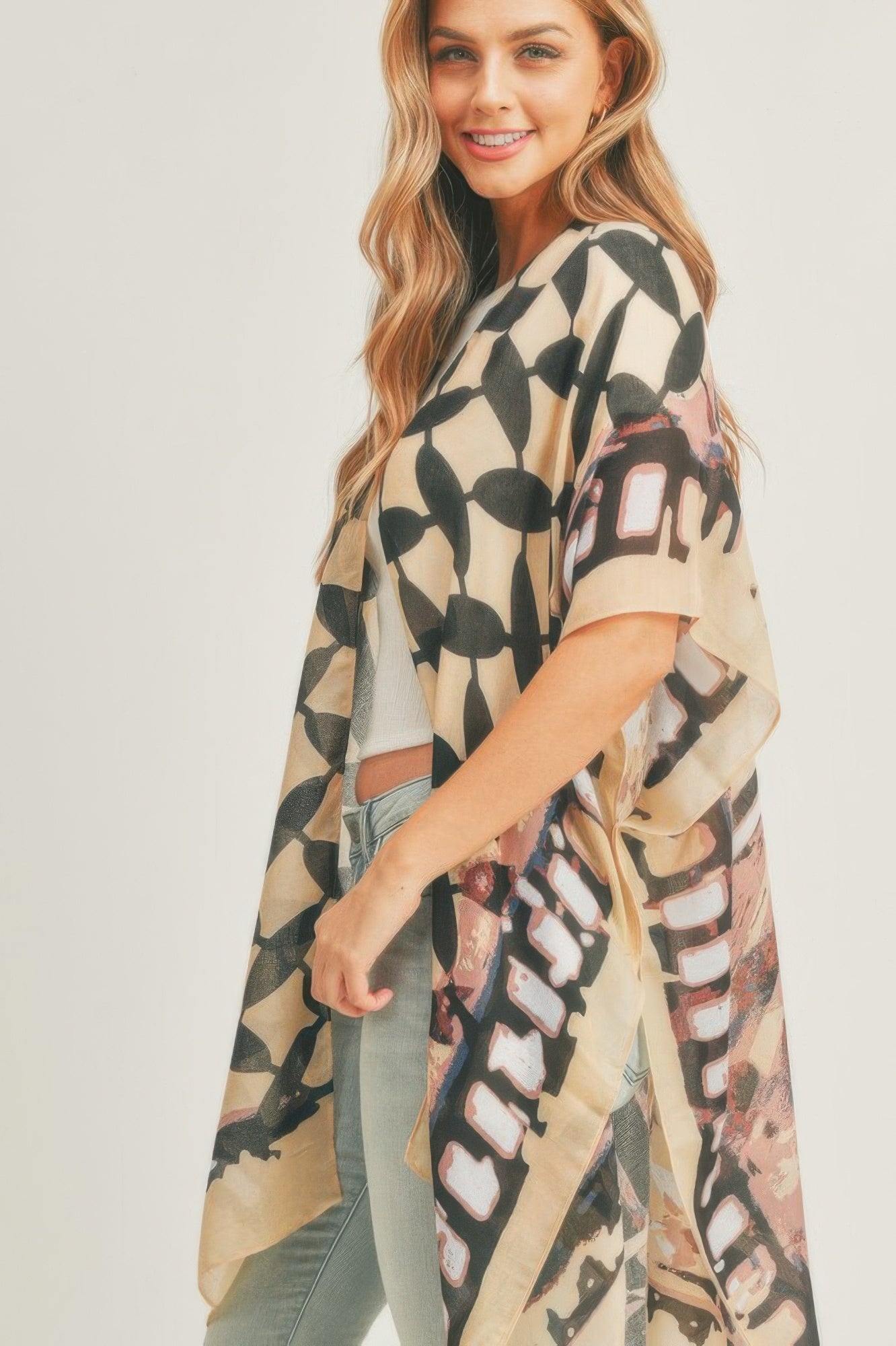 Ombree Front And Geometric Back Print Kimono 