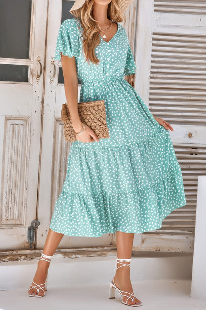 V Neck Ruffles Tiered Sleeve Smocked Midi Dress