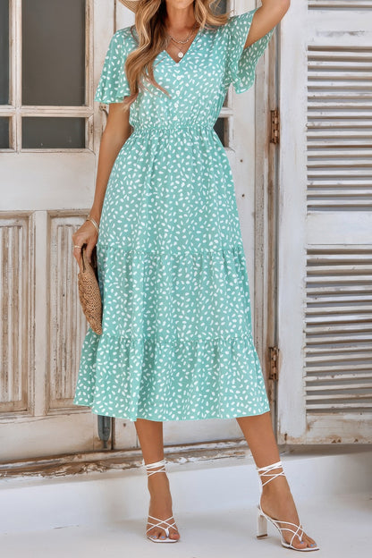 V Neck Ruffles Tiered Sleeve Smocked Midi Dress