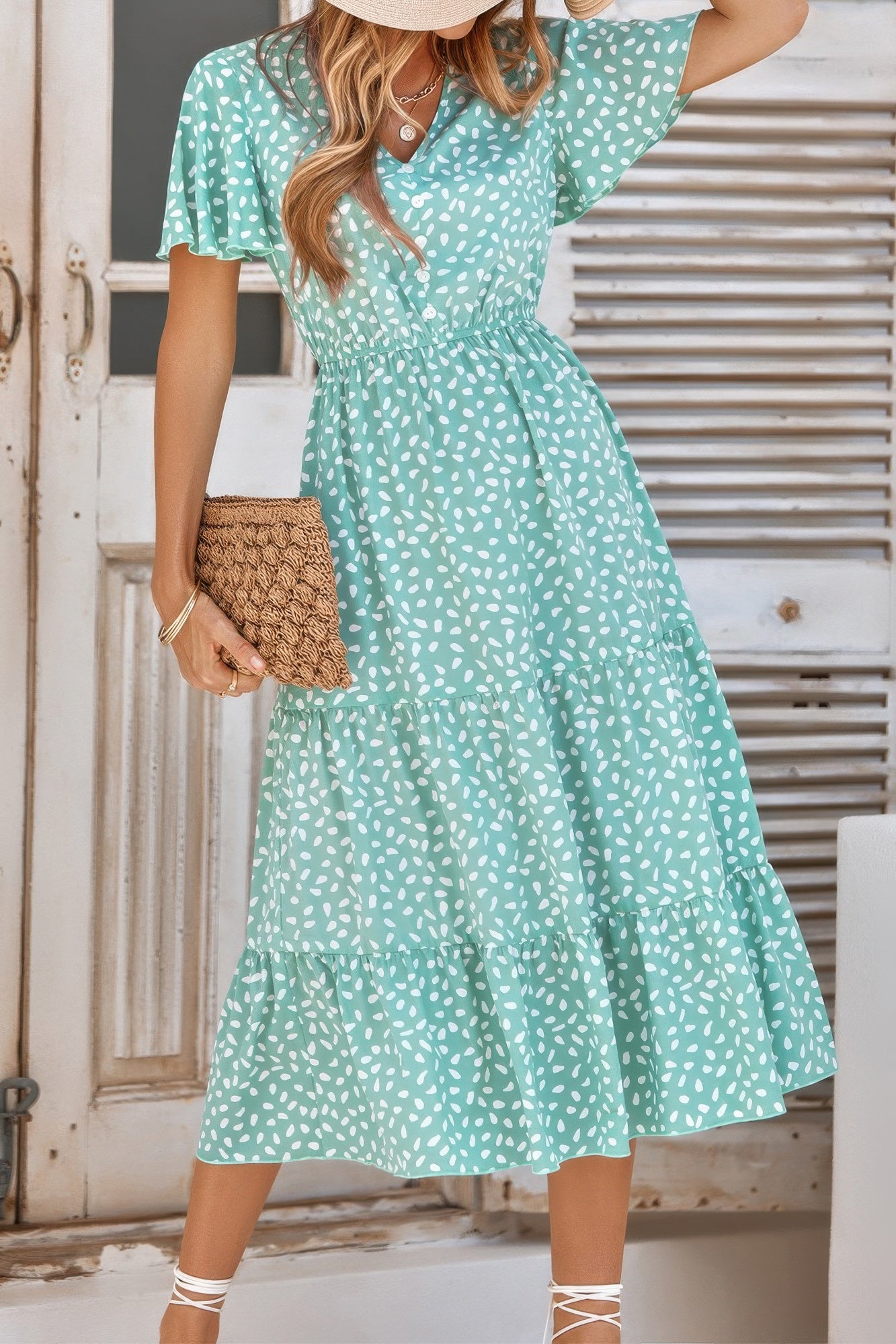 V Neck Ruffles Tiered Sleeve Smocked Midi Dress