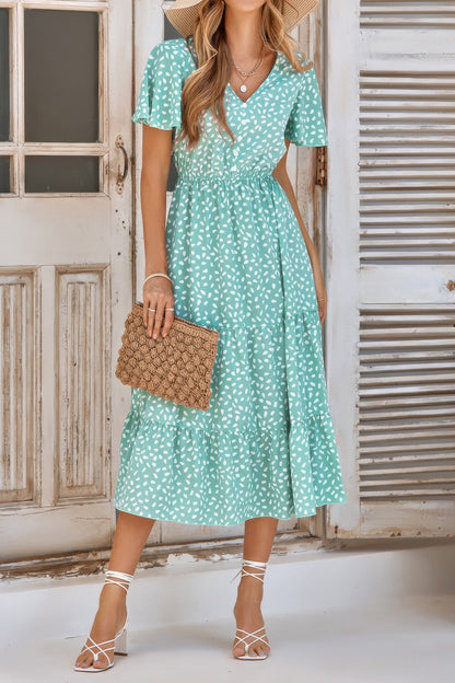 V Neck Ruffles Tiered Sleeve Smocked Midi Dress
