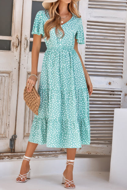 V Neck Ruffles Tiered Sleeve Smocked Midi Dress