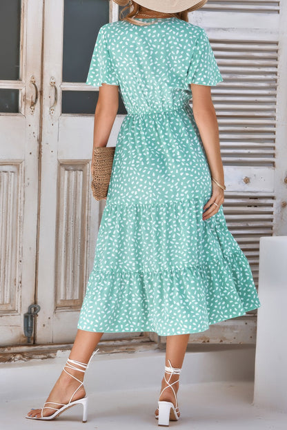 V Neck Ruffles Tiered Sleeve Smocked Midi Dress
