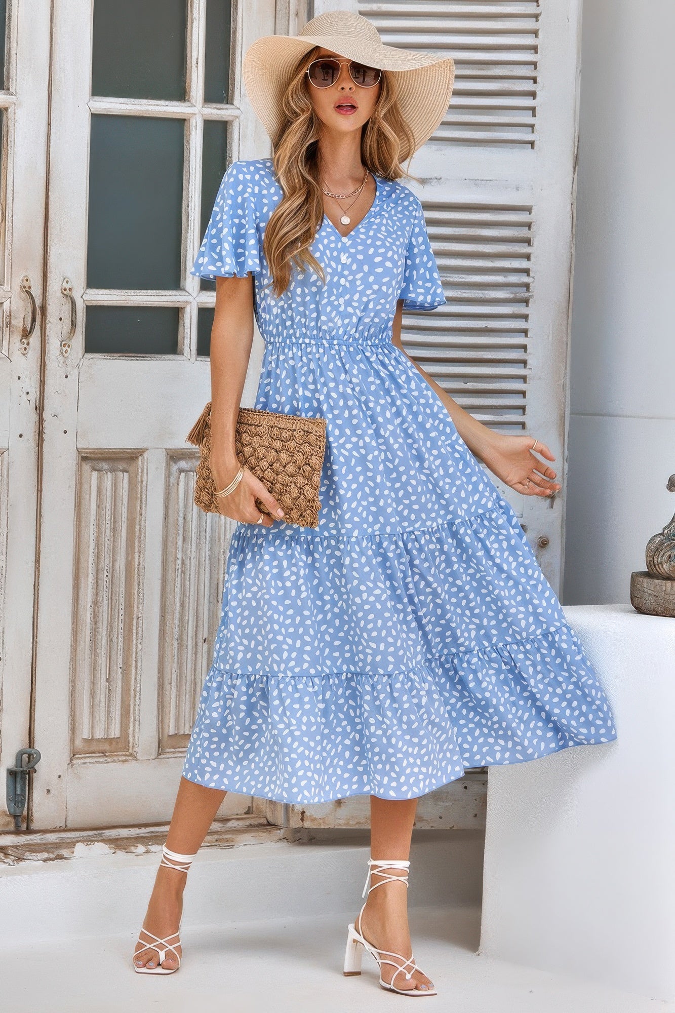 V Neck Ruffles Tiered Sleeve Smocked Midi Dress