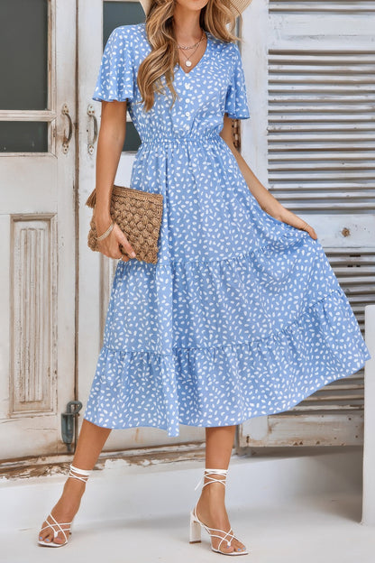 V Neck Ruffles Tiered Sleeve Smocked Midi Dress