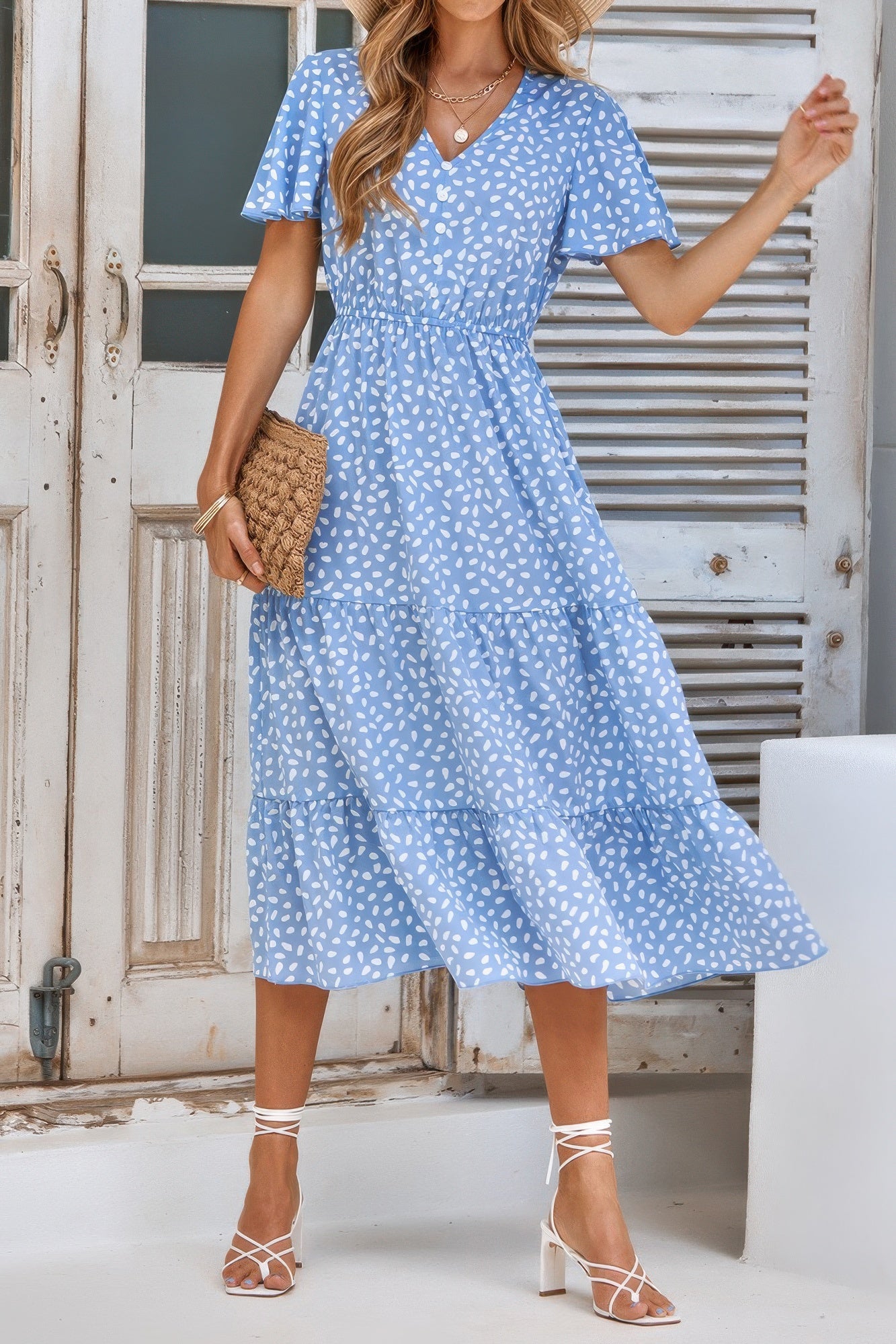 V Neck Ruffles Tiered Sleeve Smocked Midi Dress