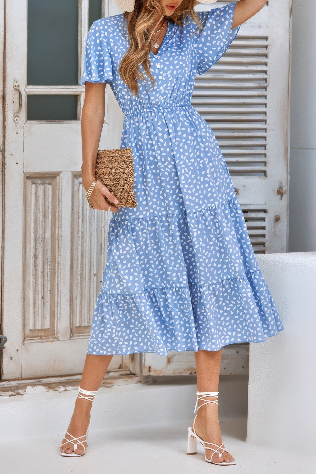 V Neck Ruffles Tiered Sleeve Smocked Midi Dress
