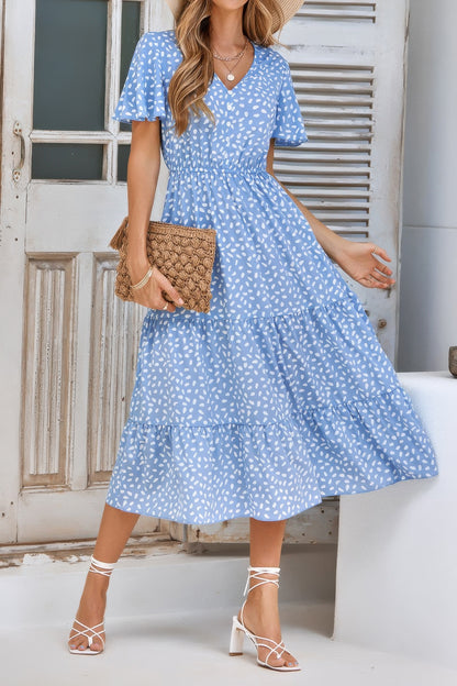 V Neck Ruffles Tiered Sleeve Smocked Midi Dress