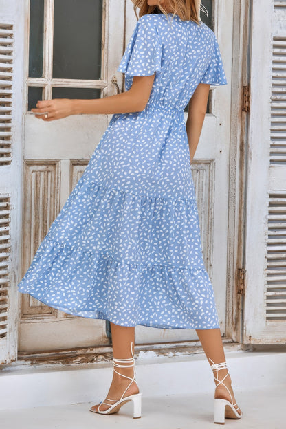V Neck Ruffles Tiered Sleeve Smocked Midi Dress