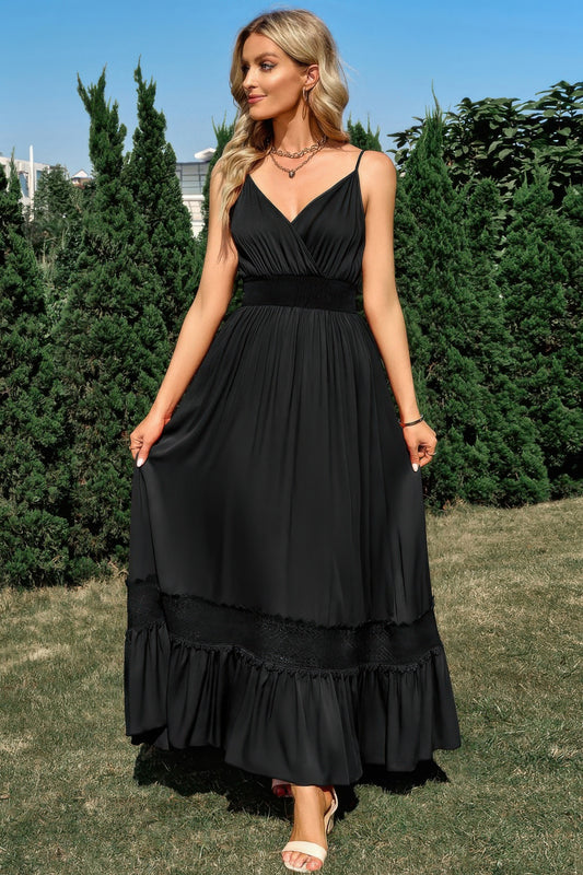 Solid V Neck Sleeveless Paghetti Strap Dress
