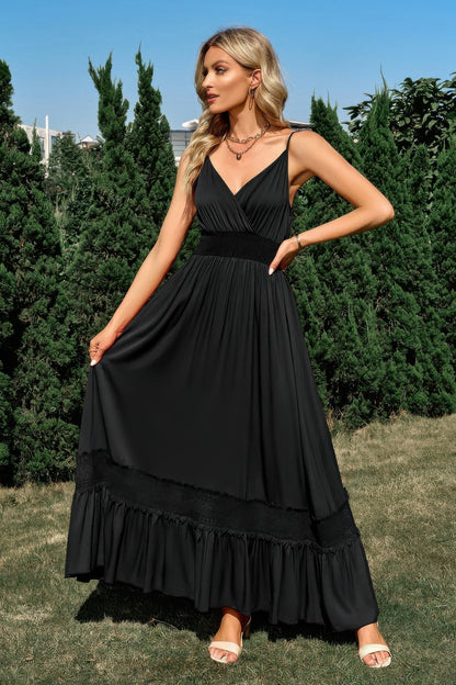 Solid V Neck Sleeveless Paghetti Strap Dress