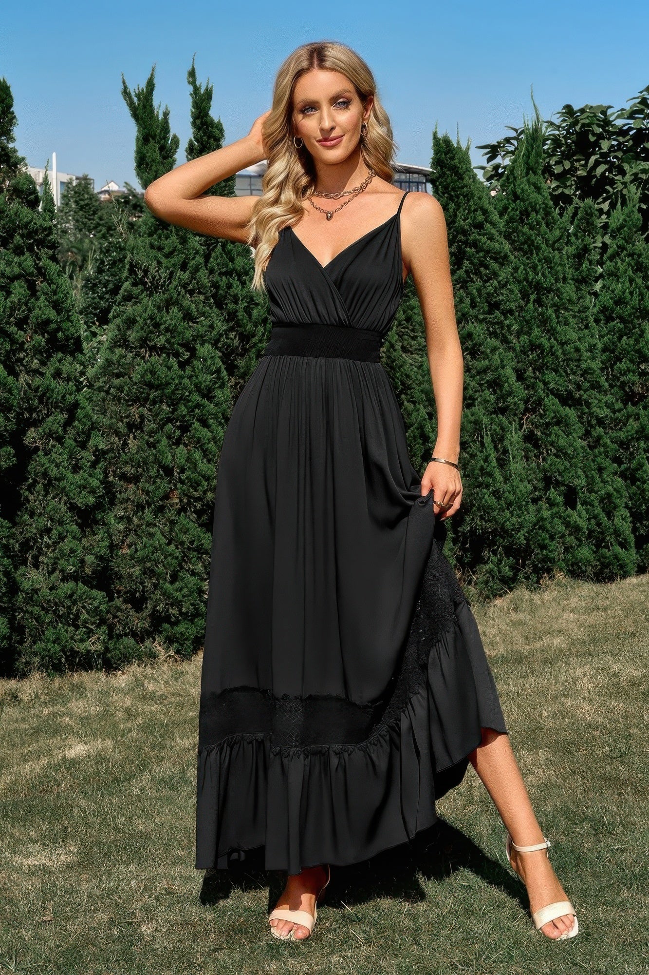 Solid V Neck Sleeveless Paghetti Strap Dress