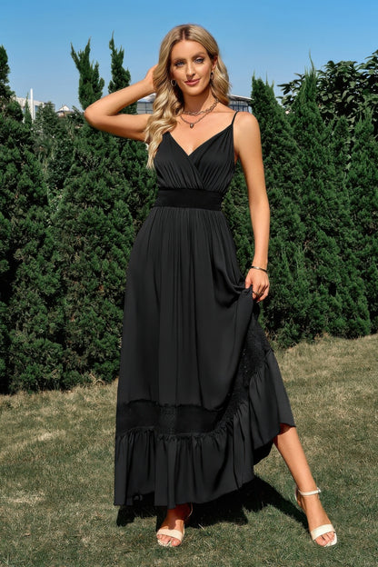 Solid V Neck Sleeveless Paghetti Strap Dress