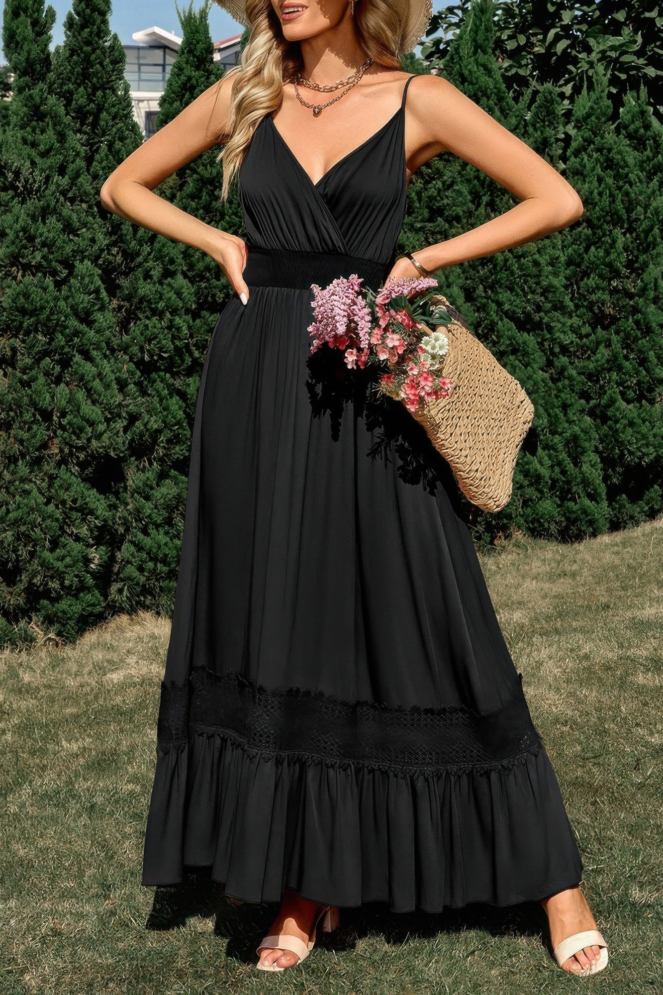 Solid V Neck Sleeveless Paghetti Strap Dress