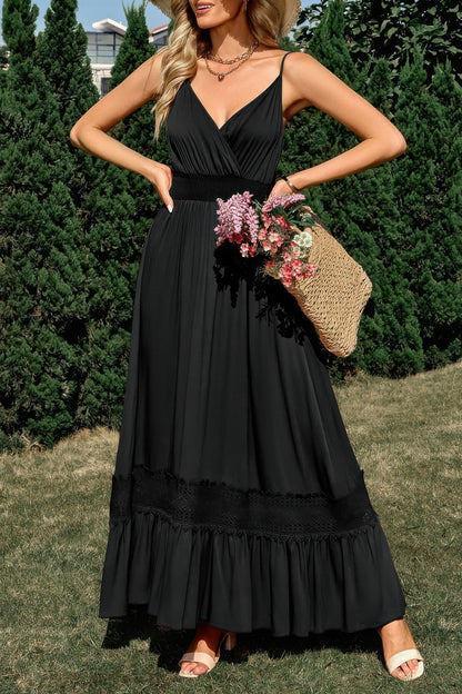 Solid V Neck Sleeveless Paghetti Strap Dress