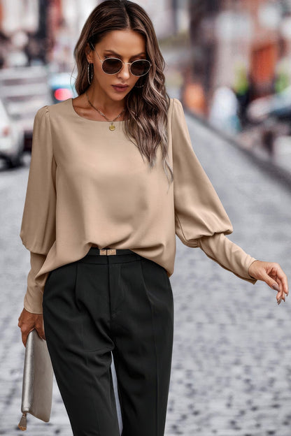 Crew Neck Solid Leg Of Mutton Sleeve Shirt