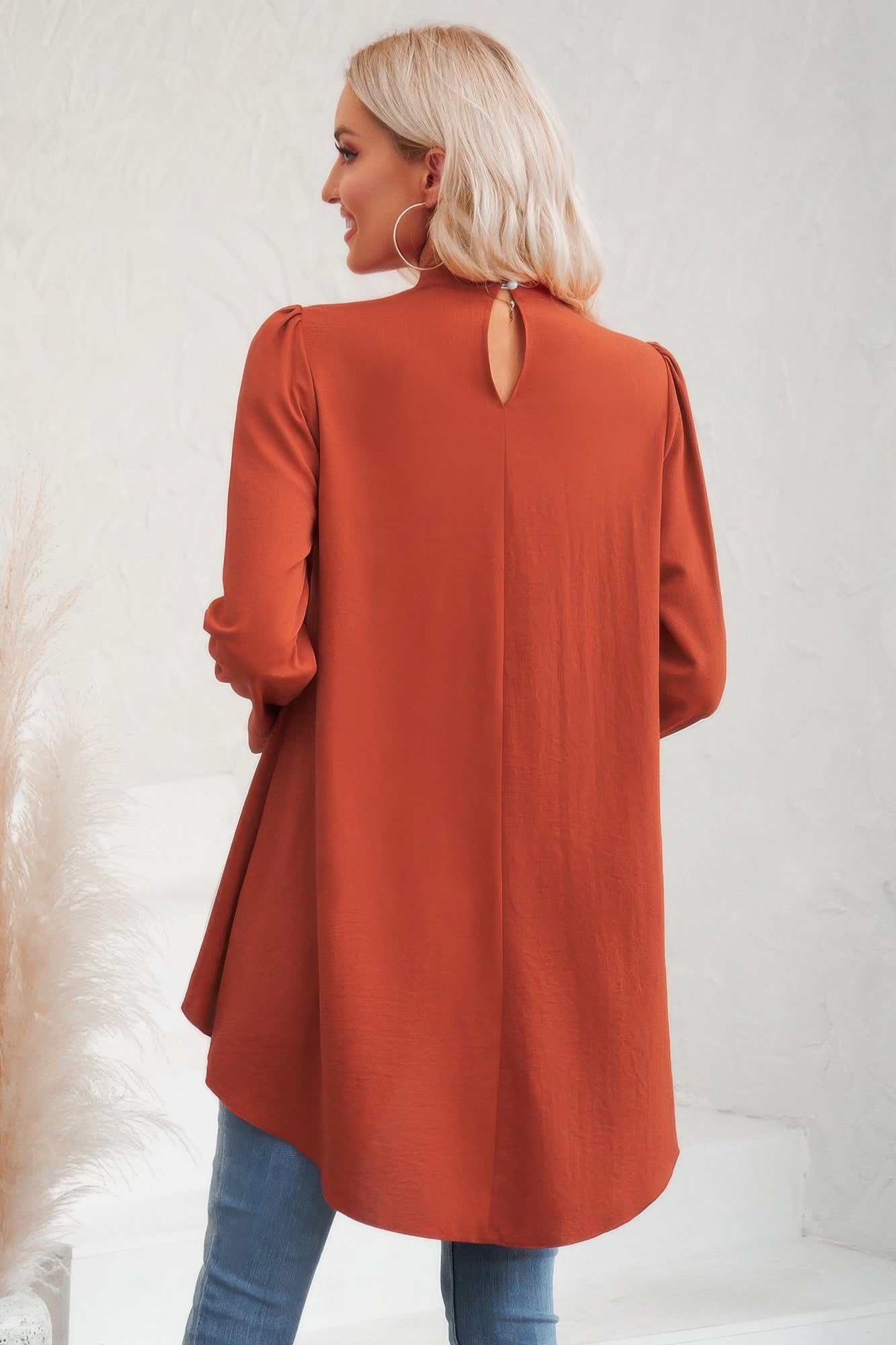 Solid High Low Long Sleeve Blouse