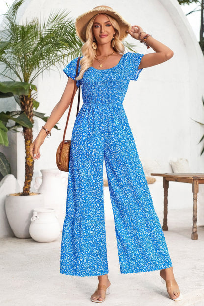Square Neck Ruched Dot Print Wide Leg Jumpsuit
