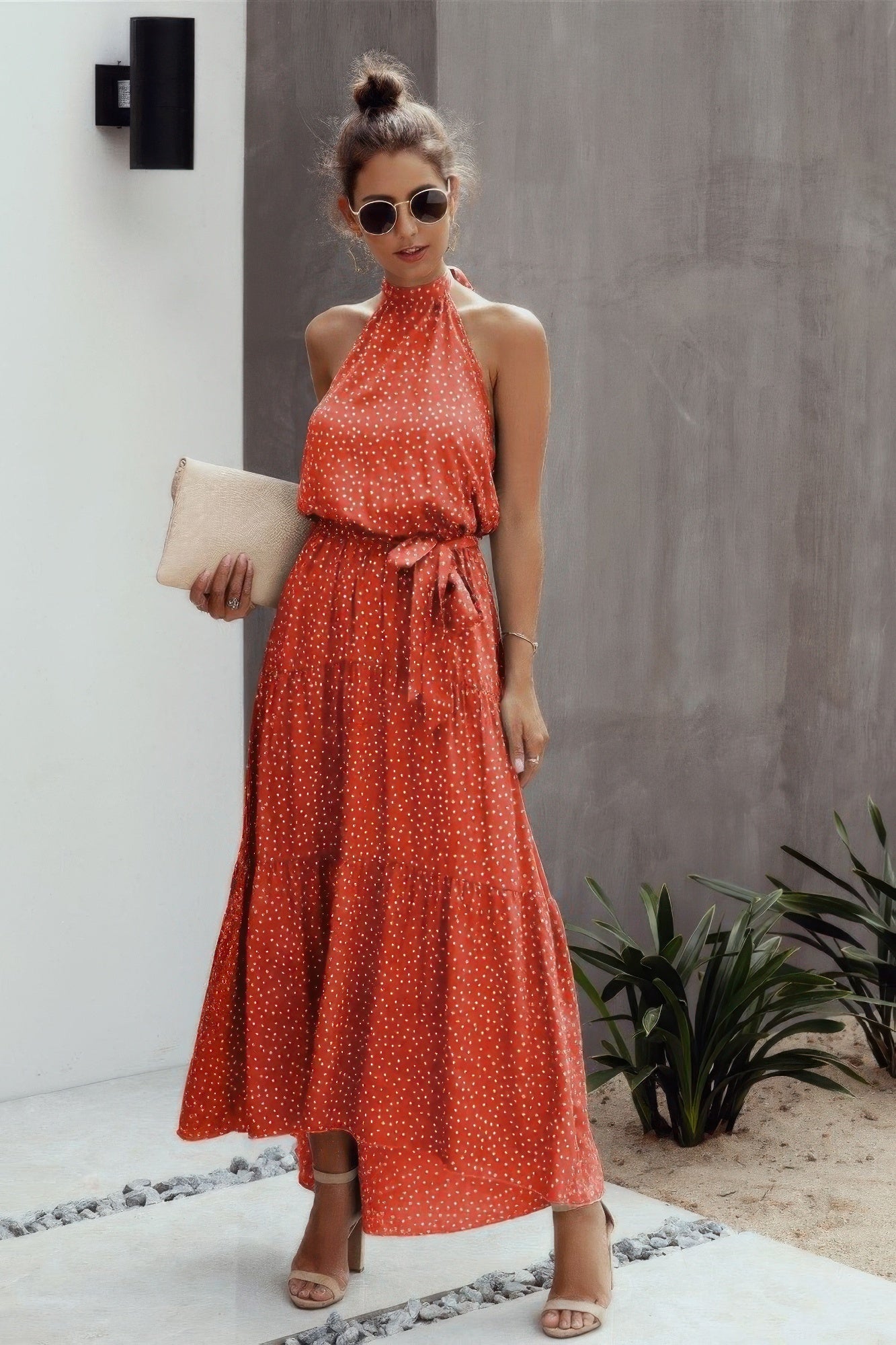 Tie Back Polka Dot Ruffle Hem Halter Dress