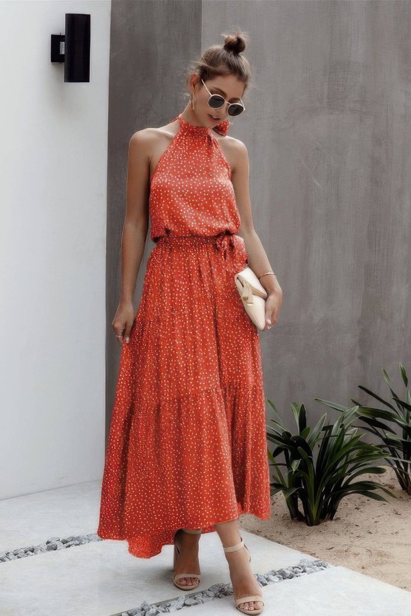 Tie Back Polka Dot Ruffle Hem Halter Dress