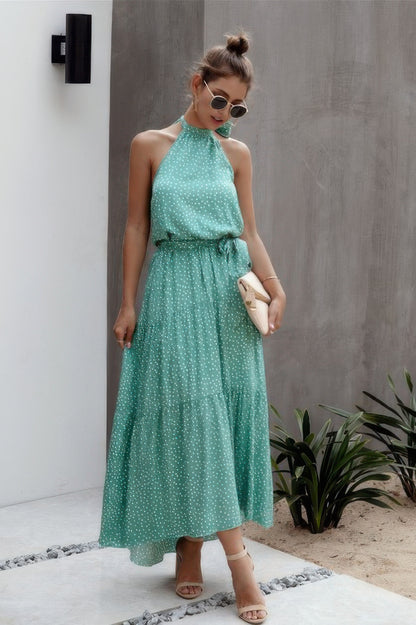 Tie Back Polka Dot Ruffle Hem Halter Dress