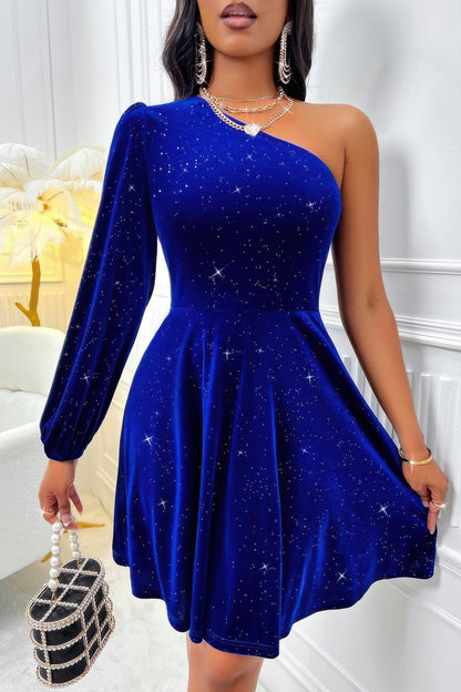 One Shoulder Velvet Lantern Sleeve Cinched Dress