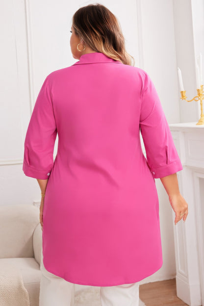 Plus A Line Button Loose Fit Pockets Solid Dress