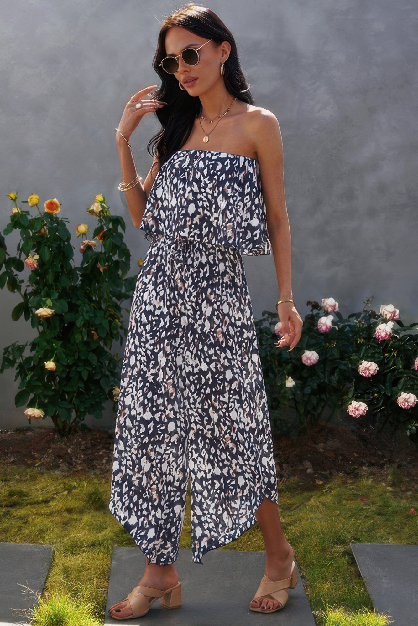 Allover Print Wide Leg Tube Jumpsuit