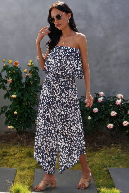 Allover Print Wide Leg Tube Jumpsuit