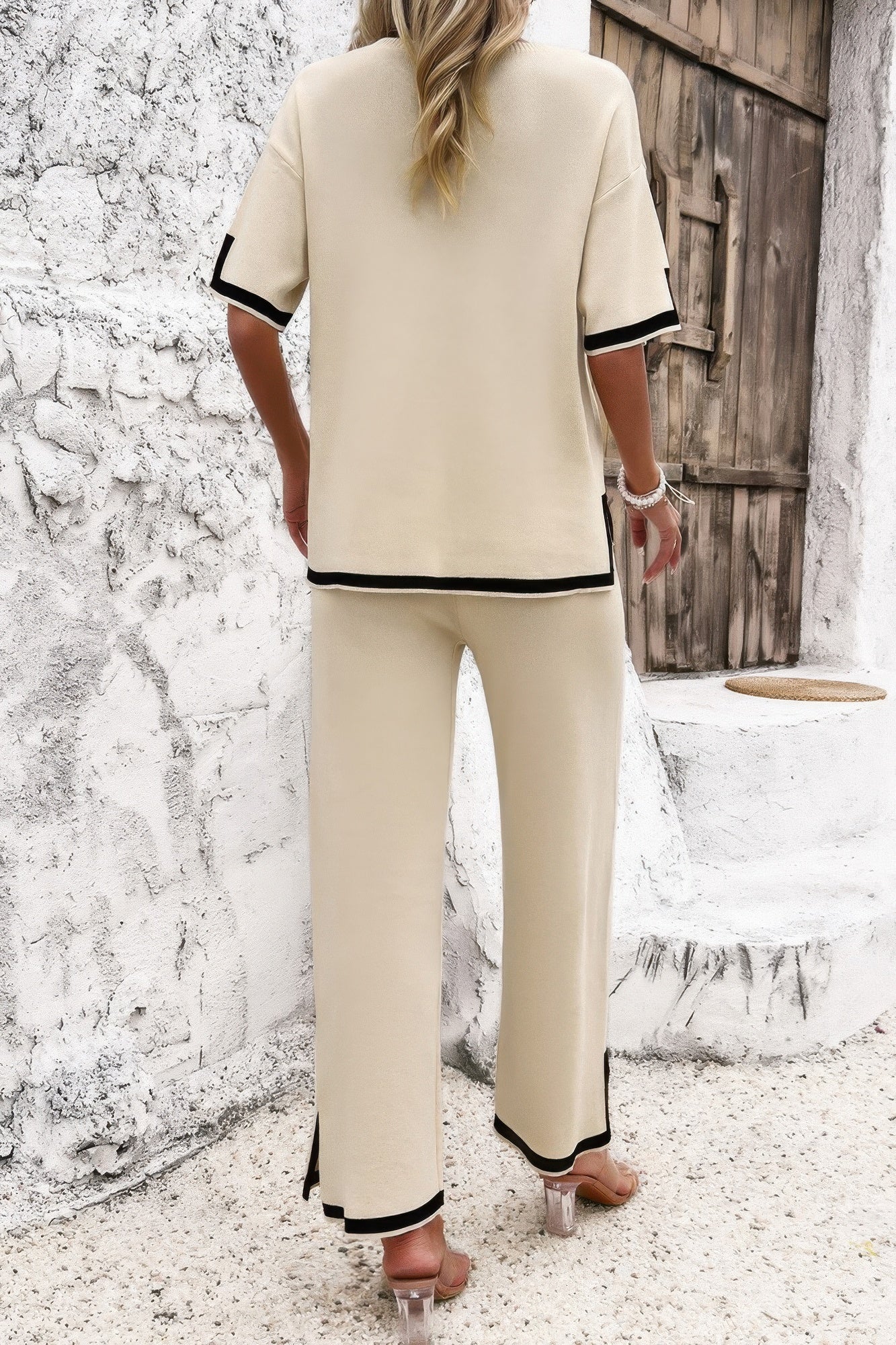 Two Pieces Outfits Knit Short Sleeve Wide Leg Loun