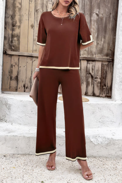 Two Pieces Outfits Knit Short Sleeve Wide Leg Loun