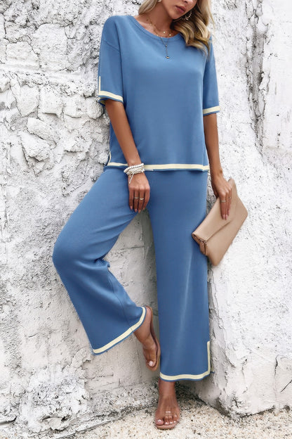 Two Pieces Outfits Knit Short Sleeve Wide Leg Loun