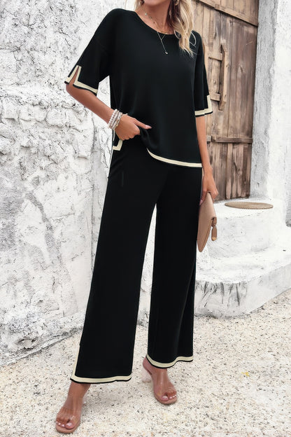 Two Pieces Outfits Knit Short Sleeve Wide Leg Loun