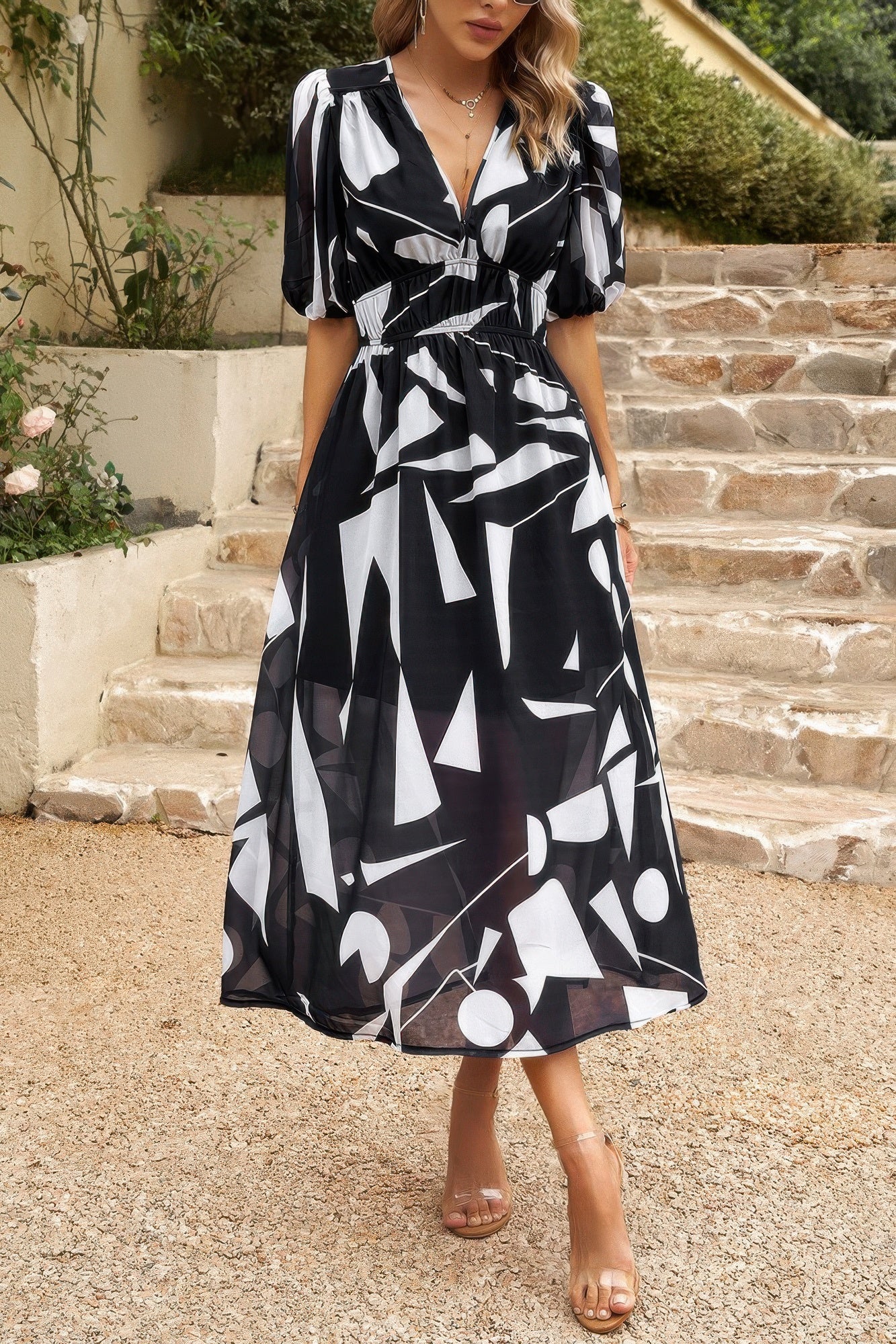 Bohemian V Neck Elastic Waisted Band Midi Dress