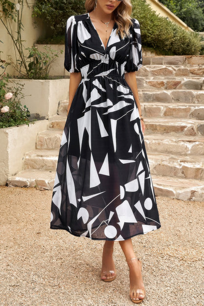 Bohemian V Neck Elastic Waisted Band Midi Dress