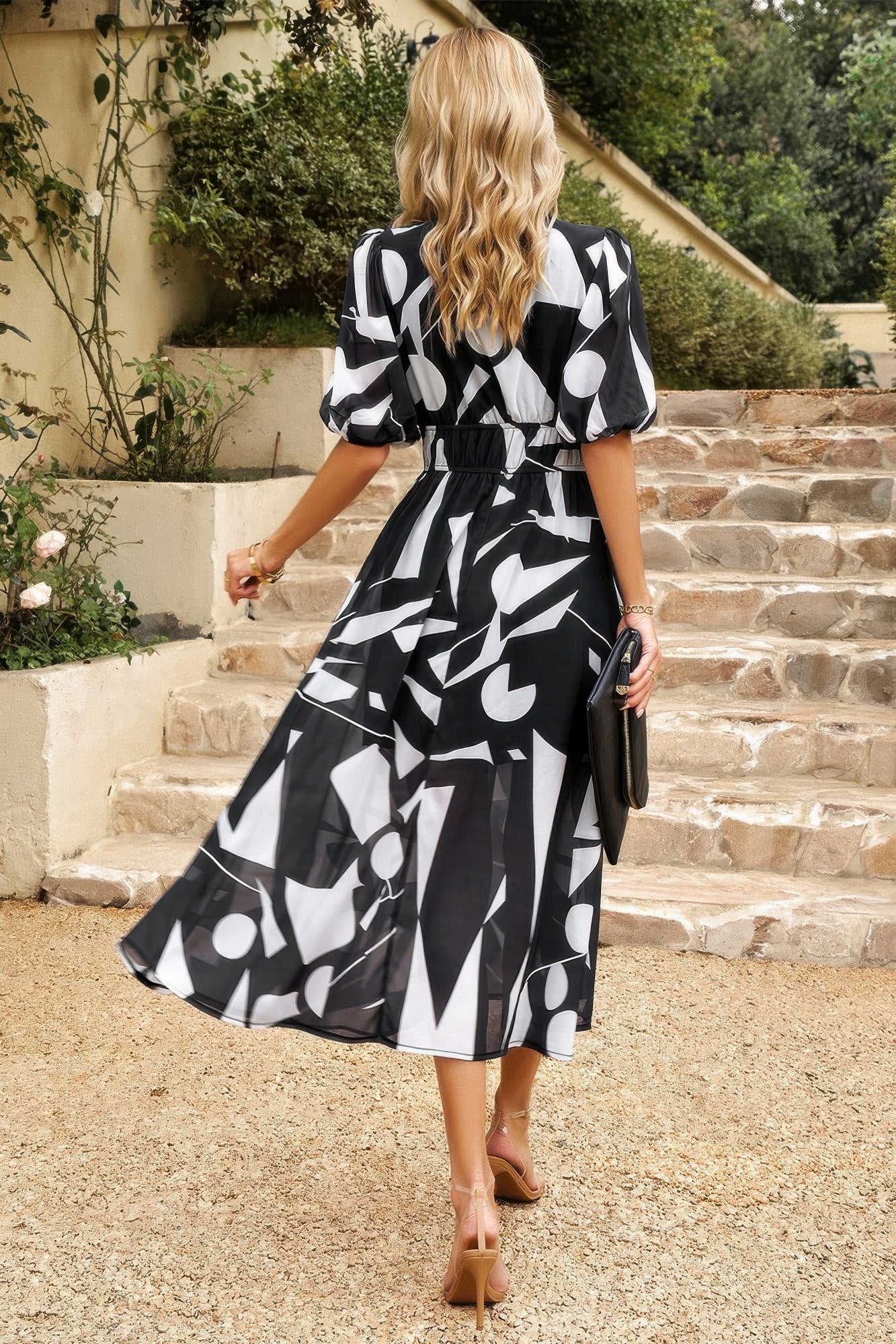 Bohemian V Neck Elastic Waisted Band Midi Dress