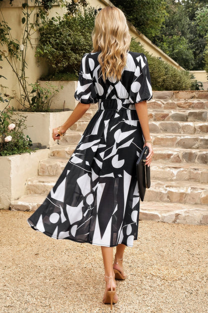 Bohemian V Neck Elastic Waisted Band Midi Dress