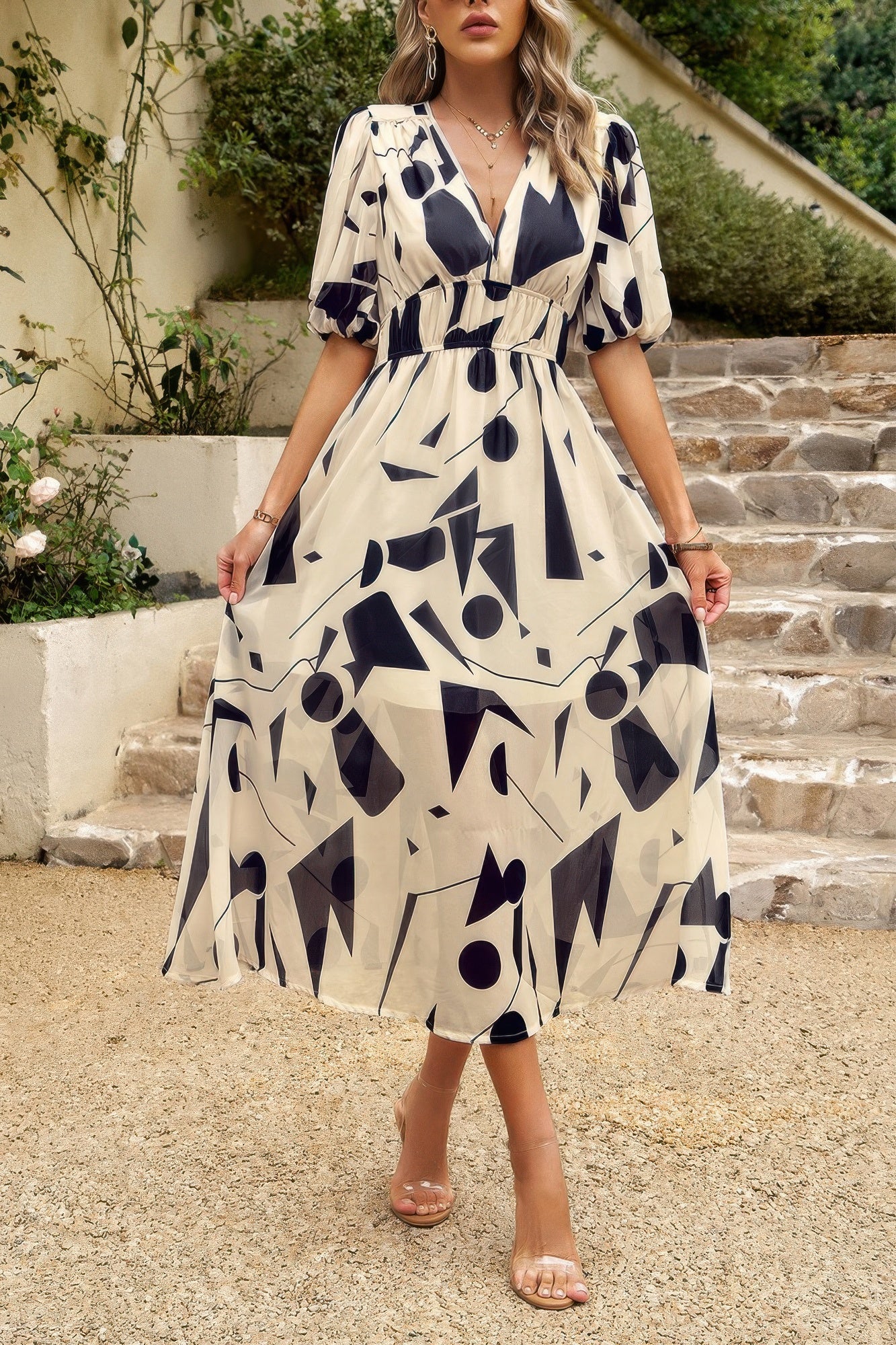 Bohemian V Neck Elastic Waisted Band Midi Dress