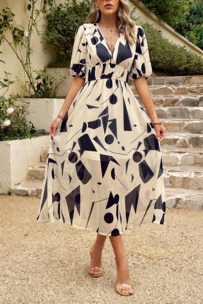 Bohemian V Neck Elastic Waisted Band Midi Dress
