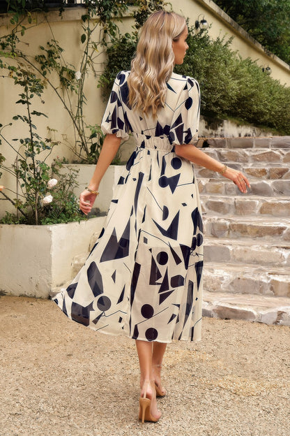 Bohemian V Neck Elastic Waisted Band Midi Dress