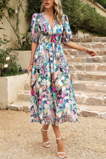 Bohemian V Neck Elastic Waisted Band Midi Dress