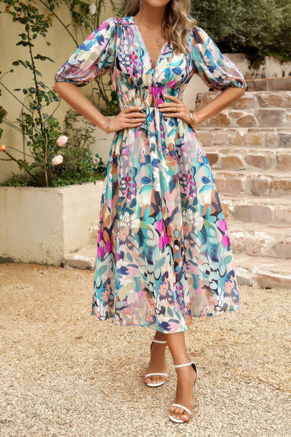 Bohemian V Neck Elastic Waisted Band Midi Dress