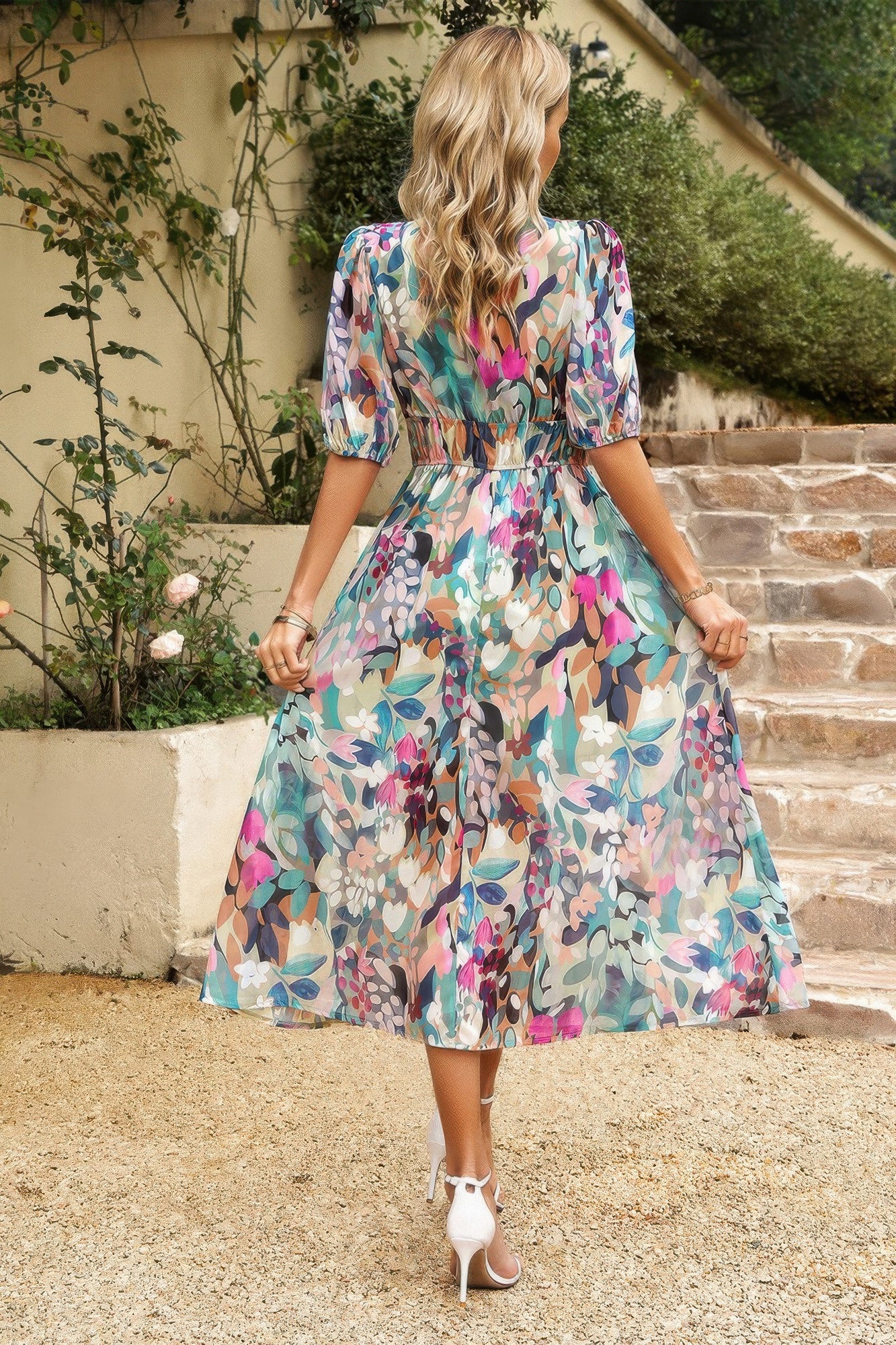 Bohemian V Neck Elastic Waisted Band Midi Dress